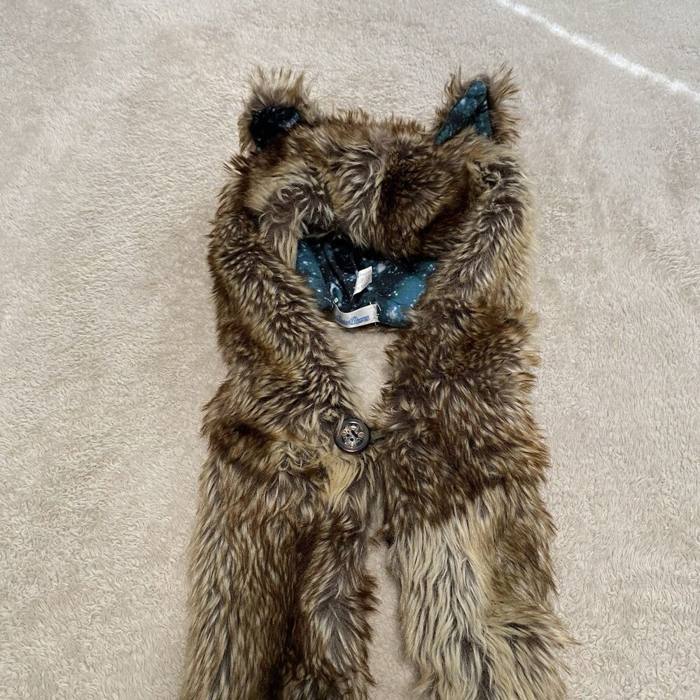 Wolf Faux Fur Animal Hood Hat One Size 3-in-1 Scarf Mittens Paws Rave Festival - Picture 6 of 12